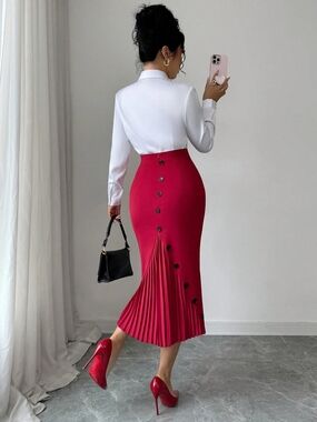 (2)-HIGH-WAIST PLEATED MIDI PENCIL SKIRT(S) BUNDLE-(NEW)- BLACK & RED